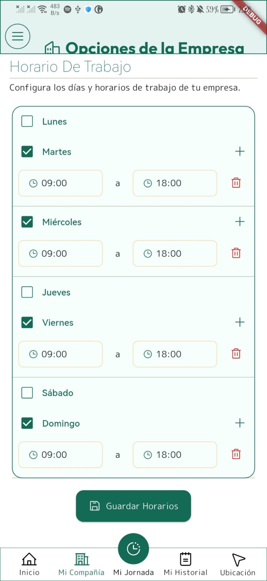 Horarios por día